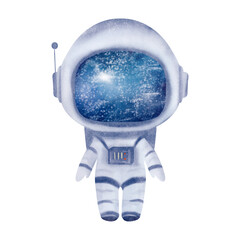 Beautiful white and blue astronaut, cosmonaut in helmet isolated on white background. Watercolor digital illustration. Cute for the kids design, decoration of clothes, room, interior, textile, poster