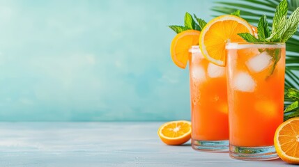 Obraz premium Refreshing Citrus Cocktail with Mint Garnish and Ice on a Tropical Background