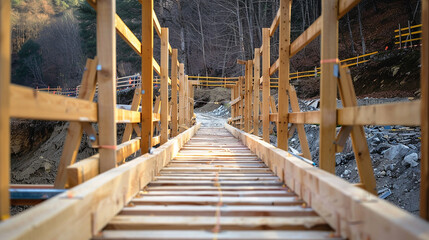 New Wooden Bridge: Low Angle Perspective Stock Photo.