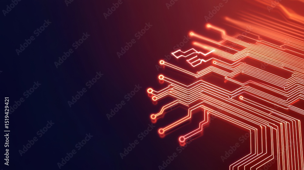 Poster abstract circuit board design with vibrant orange and red lines on dark background for technology th