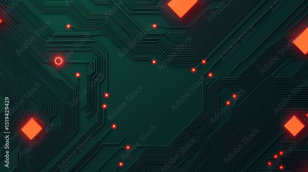 Poster abstract digital circuit board design with geometric shapes and illuminated points on dark backgroun