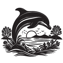 Dolphin Silhouette Vector – Outline Style Isolated on White Background