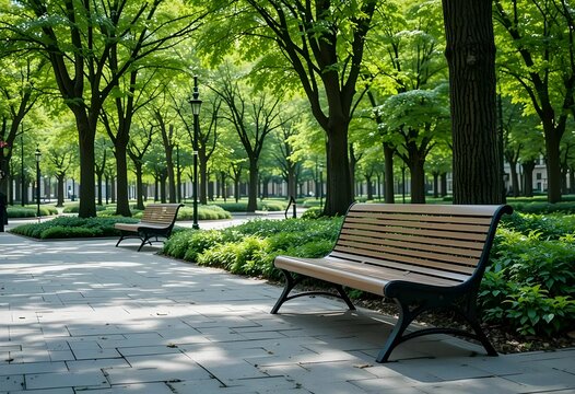wooden park benches along shaded path with green trees