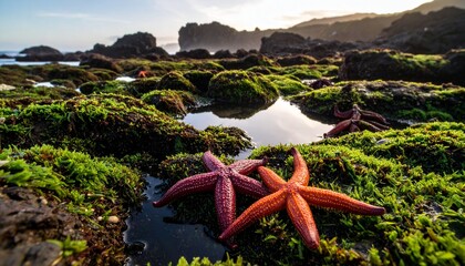 tidal pools with starfish on rocky shore
