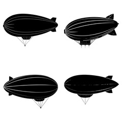 Four black and white illustrations of airships with gondolas in a vintage style arrangement design © Love