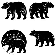 Four black bear illustrations in different poses and styles on a white background with varying details