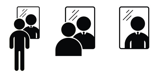 Mirror reflection. A businessman sees himself in the mirrors. Mirror loocking. Person reflection in a mirror. Narcissism sign.