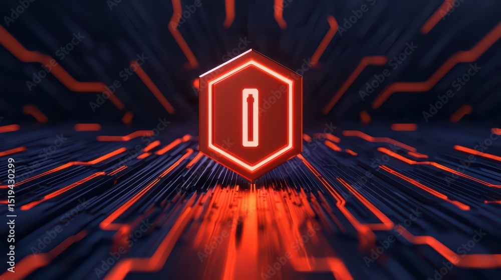 Poster futuristic hexagonal symbol with glowing outline and digital background in dark colors