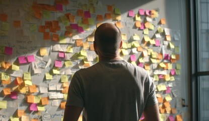 Man looking at idea notes on the wall