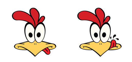 A cute cartoon chicken with tongue. Crazy chicken face mascot. Comic rooster character. yummy smile with tongue and lick. Food  logo.