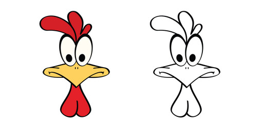 A cute cartoon chicken with love heart. Crazy chicken face mascot. Comic rooster character. hypnosis eyes, hypnotic spirals eyes. Circles patroon. Volute, spiral.