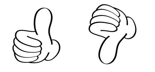 Cartoon thumbs up. Do and Don't or like and dislike symbols. Yes and no button with thumbs up and thumbs down. Gesture hand drawn