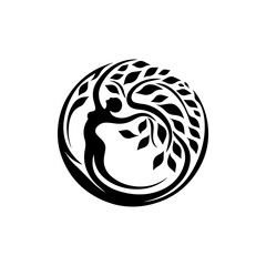 Obraz premium Stylized vector logo Tree of Life symbol encircled with flowing branches and roots. Nature concept