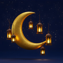 Ramadan Kareem: Golden Crescent Moon with Glowing Lanterns - Islamic Festive Background