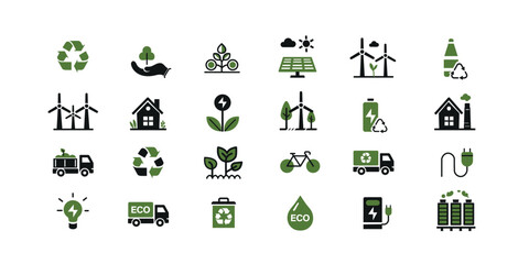 Eco & Renewable Energy Icons – Sustainability, Recycling, Green Technology, and Environmental Protection Vector Set, Eco & Renewable Energy Icons