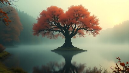 Beautiful autumn tree on lake with reflection nature landscape serene