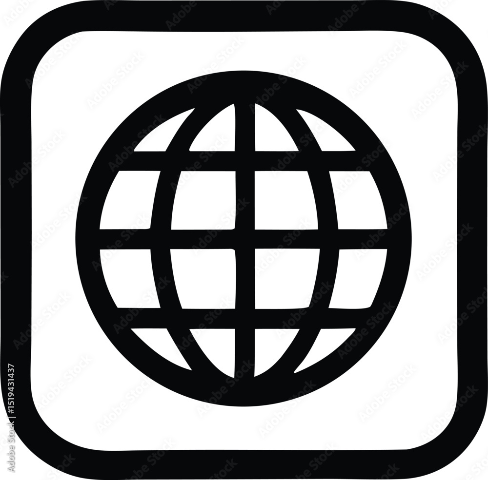 Poster bold black globe icon inside a square frame a simple global network symbol