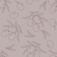 Olives seamless pattern. Background with branches with fresh berry. Vector illustration.
