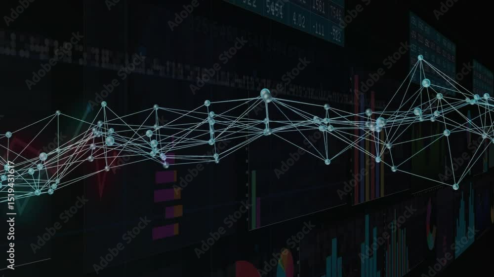 Poster dark display activating glowing nodes linking into expanding mesh visualizing analytics panels