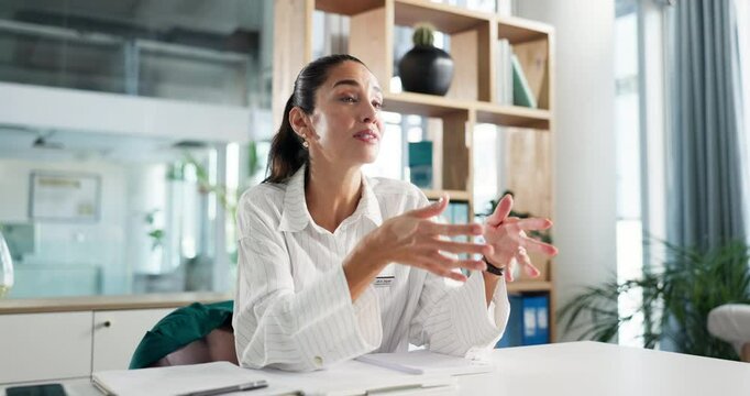 Woman, doctor and consulting with documents at private practice for medical advice or tips. Female person, therapist and talking with explanation for diagnosis, health and wellness at clinic office