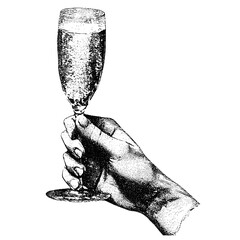 Hand holding champagne glass, vintage stippled photocopy texture, New Year's Eve party, retro graphic collage, disco party element, vector illustration, celebration, party decor, festive design. © aura studio