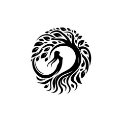 Elegant tree of life vector symbol with flowing branches and roots creating a harmonious circular shape  