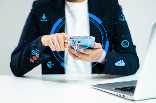 AI Artificial Intelligence. Business woman using AI technology for data analysis, coding computer language. Chat bot Chat