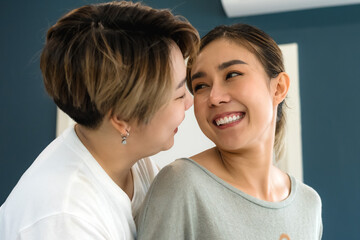 Joyful young Asian lesbian couples with intimate relationship spending happy time together
