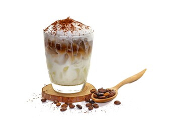 Ice latte coconut milk served on wooden plates in white background and isolate style.