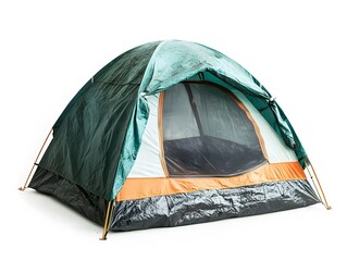 A green and black camping tent with an orange stripe isolated on a white background in a studio shot