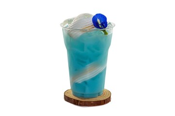 Pictures of butterfly Pea lime Juice serving with coconut slices on white background,isolate style.