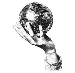 Hand holding retro disco ball with vintage stippled texture, New Year's Eve graphic, vector illustration, retro party decor, vintage artwork, disco party design, 1970s inspired style. © aura studio