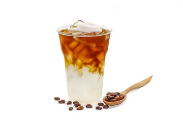 Ice Americano coffee serving on sack in white background with isolated photo style.