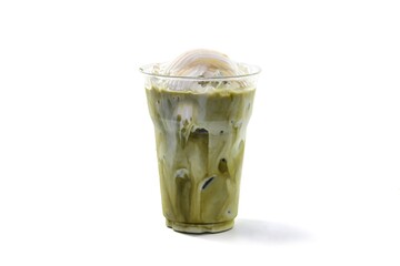 Picture of sweet and good taste ice green tea put on white background and isolate concept.