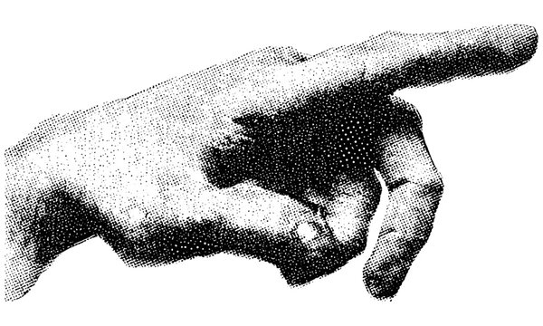 Vector illustration of hand with halftone stipple effect, grunge y2k style, grainy texture, retro banner design, experimental dotted look, vintage punk collage, retro art, grainy vector.