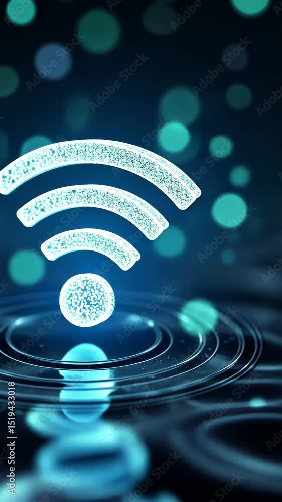 Poster a translucent 3d wi-fi icon with ripple effects, symbolizing connectivity, set on an abstract digita