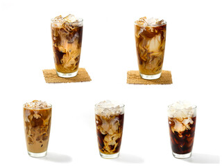 Collection pictures of latte ice coffee put on white background,isolate concept.