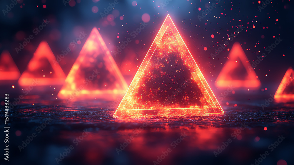 Poster a captivating digital artwork featuring glowing triangles in a mystical setting, radiating vibrant c