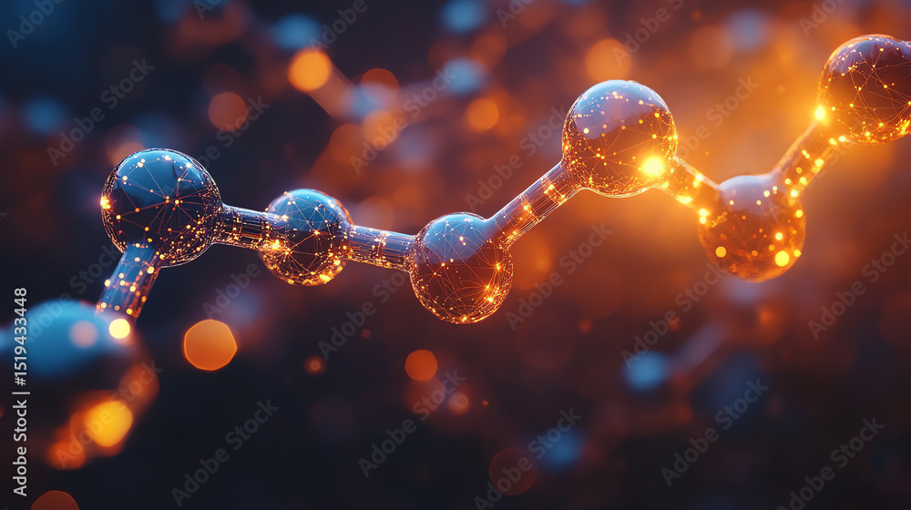 Poster A close-up view of shimmering molecules highlighted with glowing lights, representing the beauty and complexity of science.
