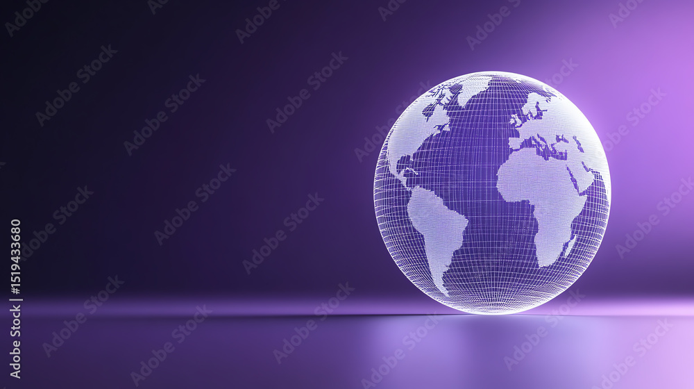 Poster a futuristic 3d globe design illuminated in purple, representing global connectivity and innovation.