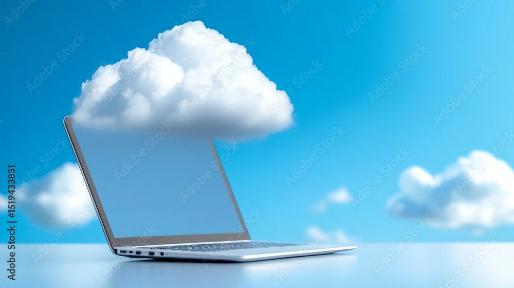 Poster a laptop with a cloud above it, symbolizing cloud computing and digital innovation against a clear b