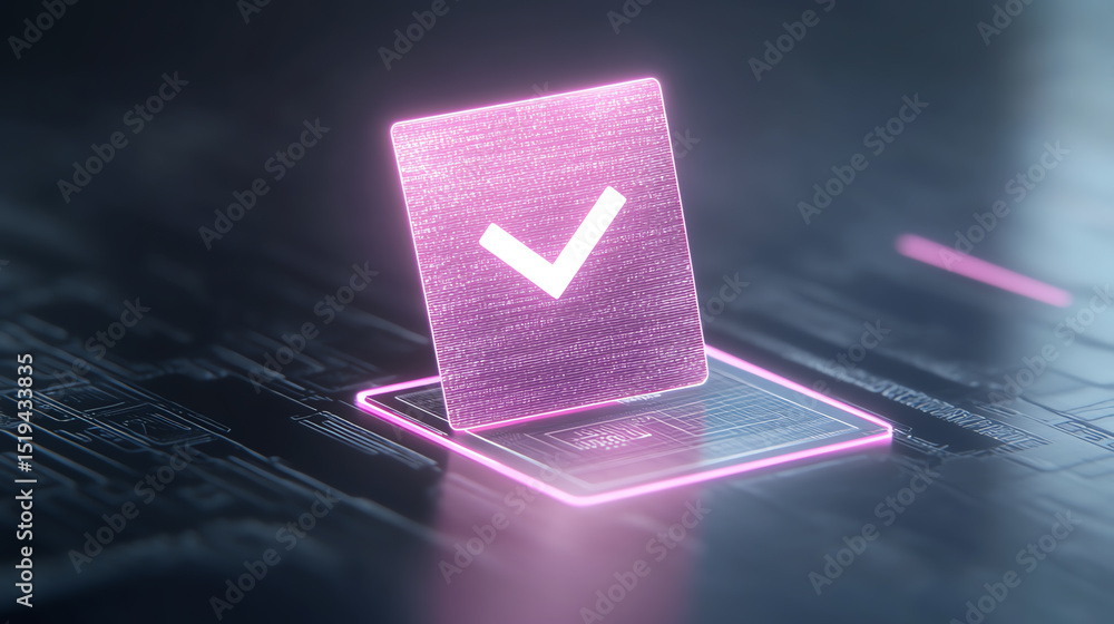 Poster a glowing pink check mark on a digital interface, symbolizing approval and success in technology-dri