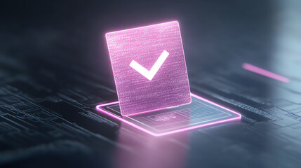 A glowing pink check mark on a digital interface, symbolizing approval and success in technology-driven environments.