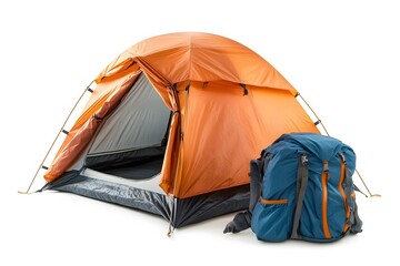 An orange tent with an open entrance and a blue backpack on a white background for camping trip gear