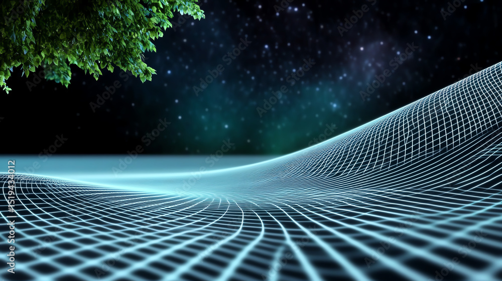 Aufkleber A mesmerizing digital landscape with a grid pattern beneath a starry sky, evoking a sense of tranquility and connection with nature.