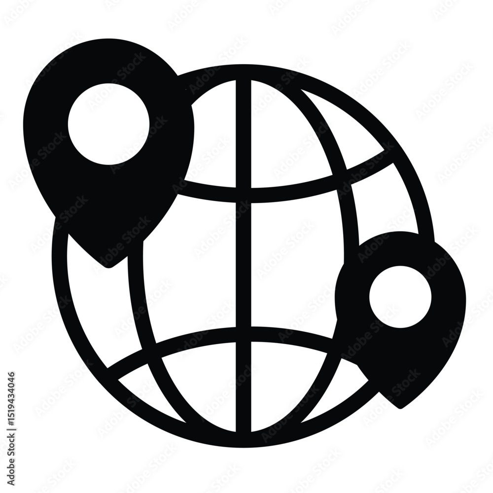 Poster globe and location pins solid icon, geo navigation concept. vector graphics. world globe with geoloc