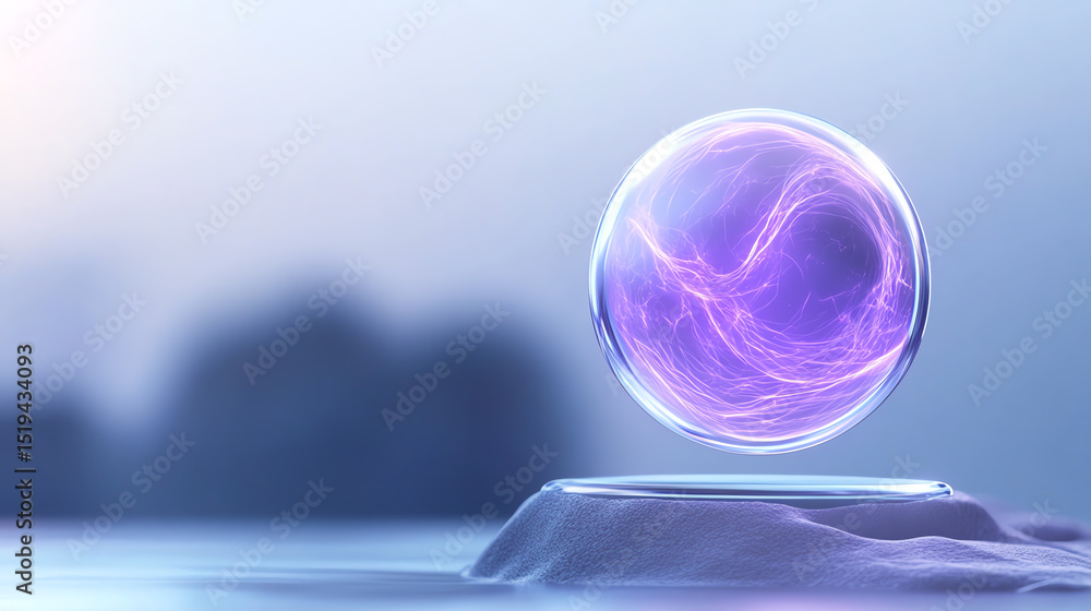 Poster a mesmerizing purple energy orb floating above a smooth surface, representing futuristic technology 