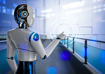 Robot touching screen. Design of a smart humanoid robot with artificial intelligence touching a...