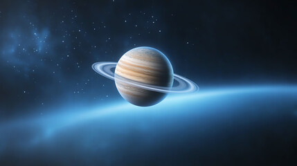 Fototapeta premium A mesmerizing view of a planet with stunning rings and vibrant colors, set against a deep cosmic background.