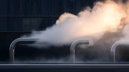 Industrial Steam Exhaust From Pipes At Sunset